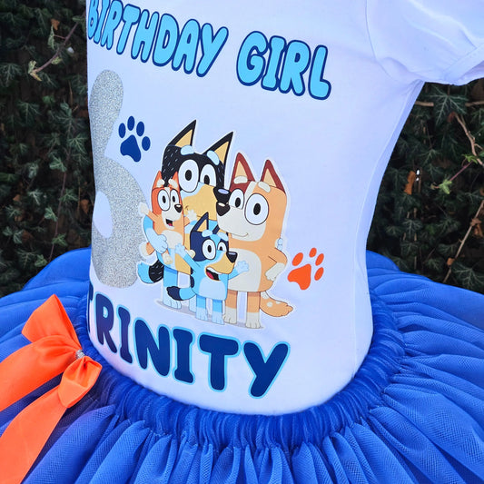 Bluey Tutu Set, Ribbon Birthday Tutu, Blue and Silver KolorfulKidzCustoms