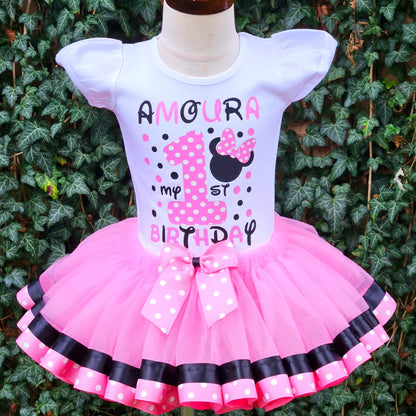 Pink Minnie Mouse Tutu Outfit, Birthday Tutu, Pink, Black and White KolorfulKidzCustoms