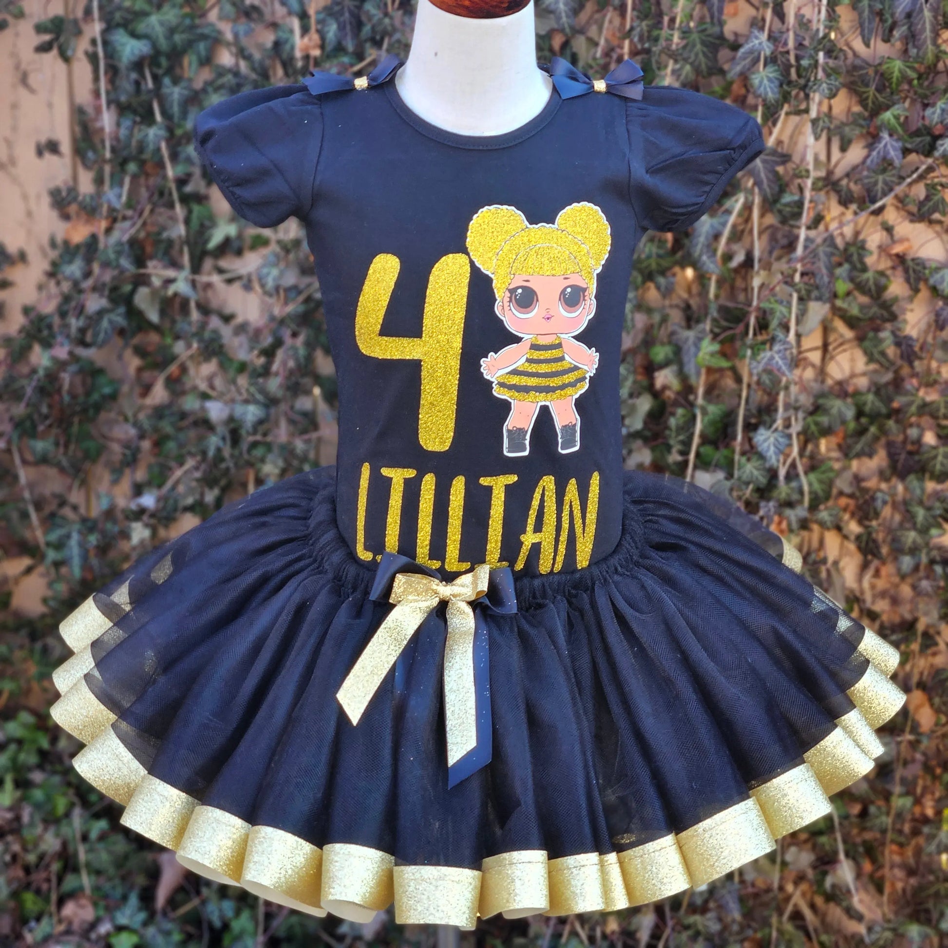 LOL Doll Queen Bee Tutu Set, Doll Inspired Tutu Set, Black and Gold KolorfulKidzCustoms