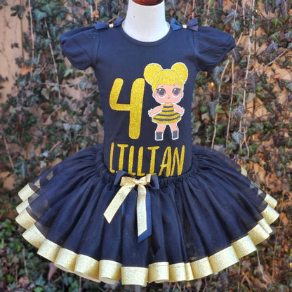 LOL Doll Queen Bee Tutu Set, Doll Inspired Tutu Set, Black and Gold KolorfulKidzCustoms