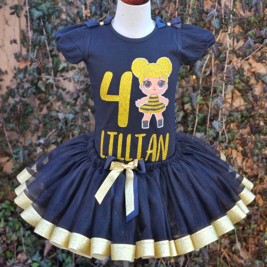 LOL Doll Queen Bee Tutu Set, Doll Inspired Tutu Set, Black and Gold KolorfulKidzCustoms