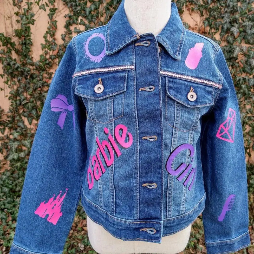 Barbie Themed Denim Jacket, Custom Demin, Doll Inspired Jean Jacket - KolorfulKidzCustoms