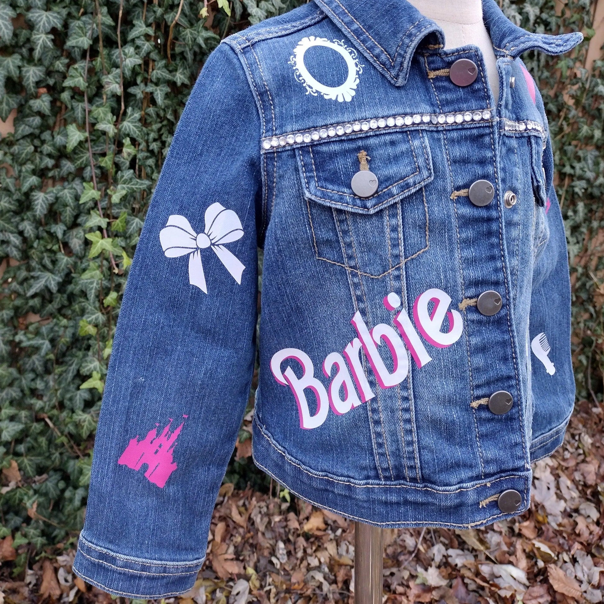 Princess Barbie Themed Denim Jacket, Custom Demin, Pink, White and Silver Jean Jacket - KolorfulKidzCustoms