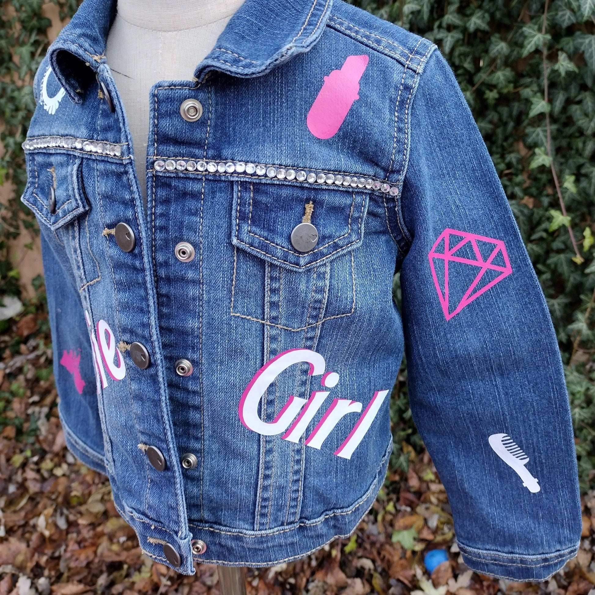 Princess Barbie Themed Denim Jacket, Custom Demin, Pink, White and Silver Jean Jacket - KolorfulKidzCustoms