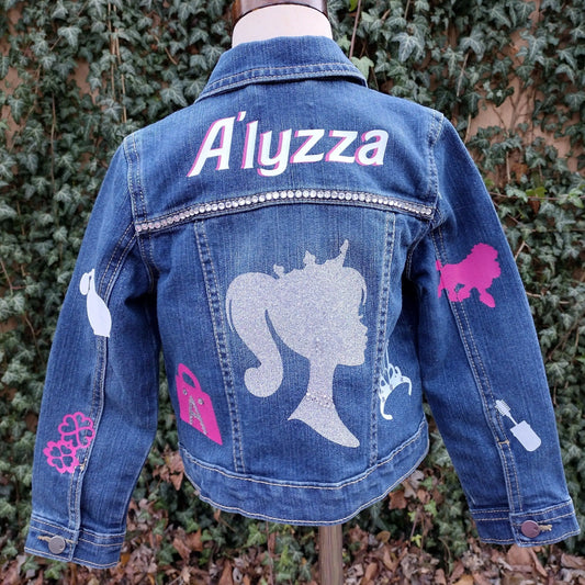 Princess Barbie Themed Denim Jacket, Custom Demin, Pink, White and Silver Jean Jacket - KolorfulKidzCustoms