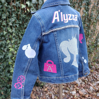 Princess Barbie Themed Denim Jacket, Custom Demin, Pink, White and Silver Jean Jacket - KolorfulKidzCustoms