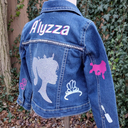 Princess Barbie Themed Denim Jacket, Custom Demin, Pink, White and Silver Jean Jacket - KolorfulKidzCustoms