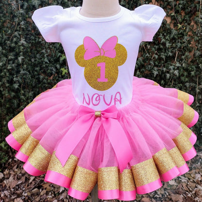 Minnie Mouse Tutu Outfit, Birthday Tutu, Pink and Gold - KolorfulKidzCustoms