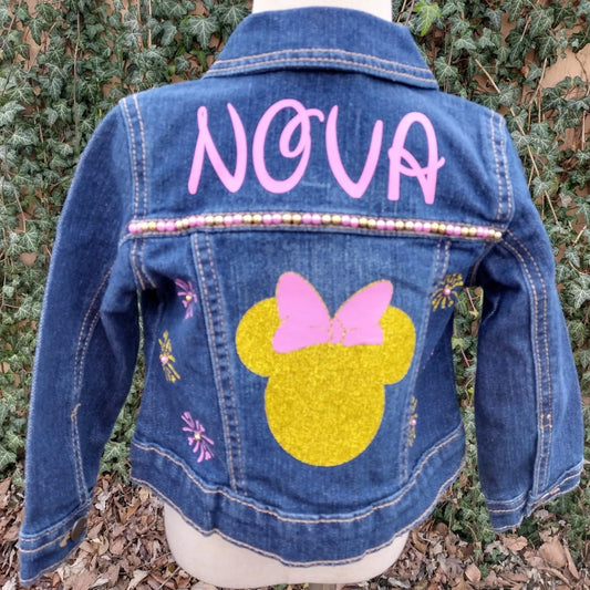 Pink and Gold Minnie Mouse Denim Jacket, Custom Jean Jacket - KolorfulKidzCustoms