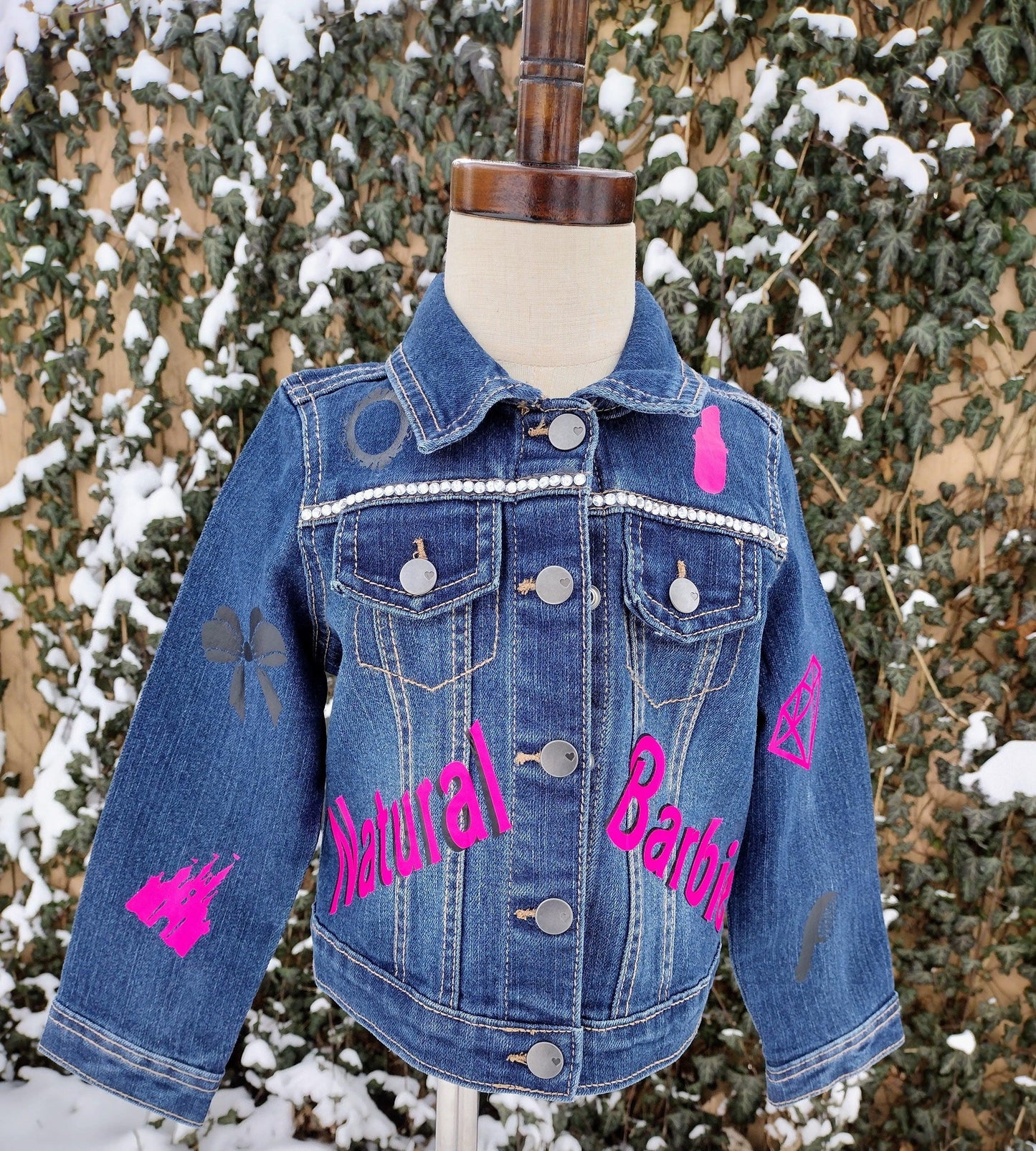 Natural Barbie Themed Denim Jacket, Custom Demin, Pink and Black Jean Jacket - KolorfulKidzCustoms