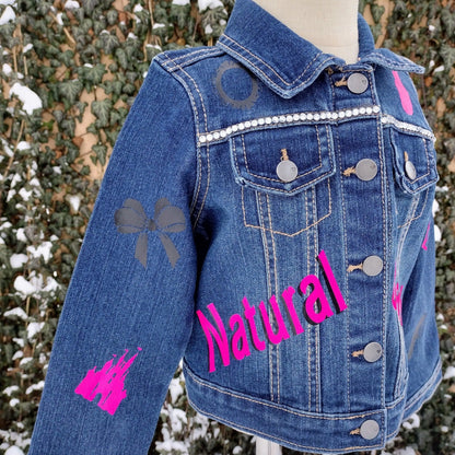 Natural Barbie Themed Denim Jacket, Custom Demin, Pink and Black Jean Jacket - KolorfulKidzCustoms