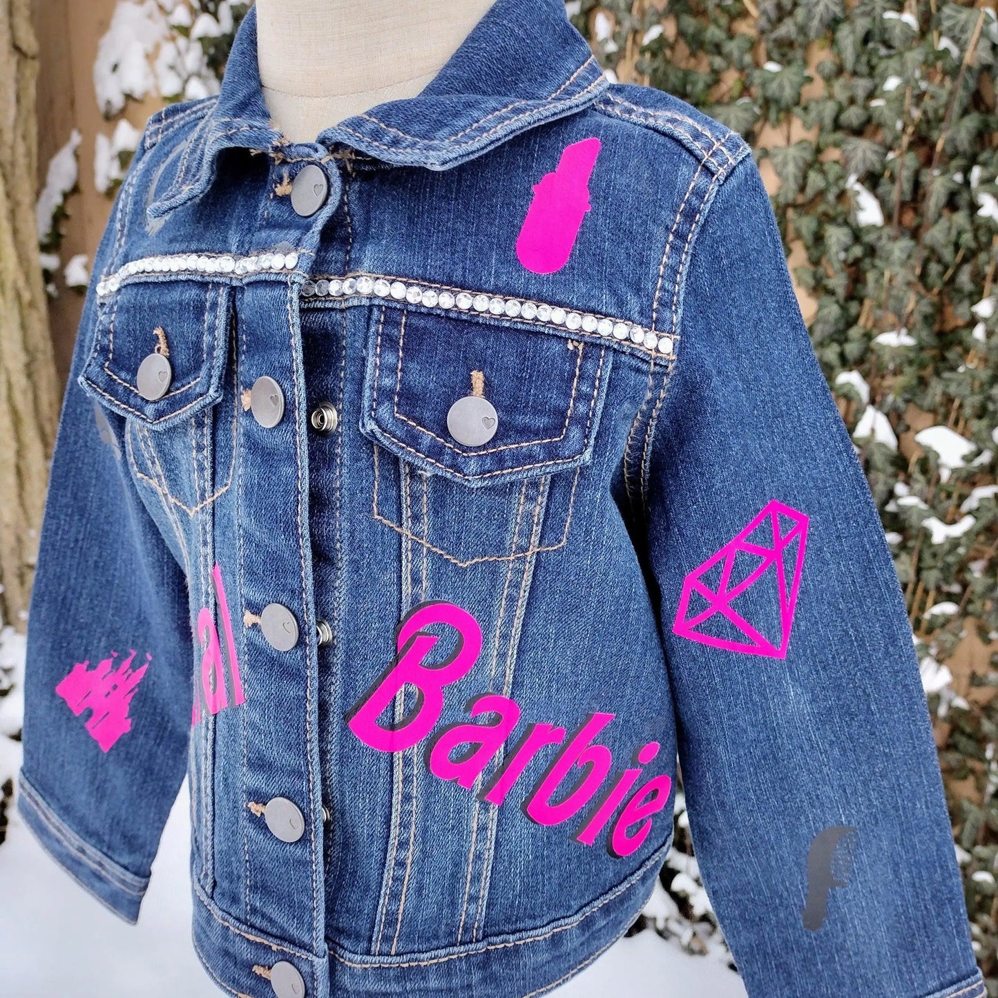 Natural Barbie Themed Denim Jacket, Custom Demin, Pink and Black Jean Jacket - KolorfulKidzCustoms