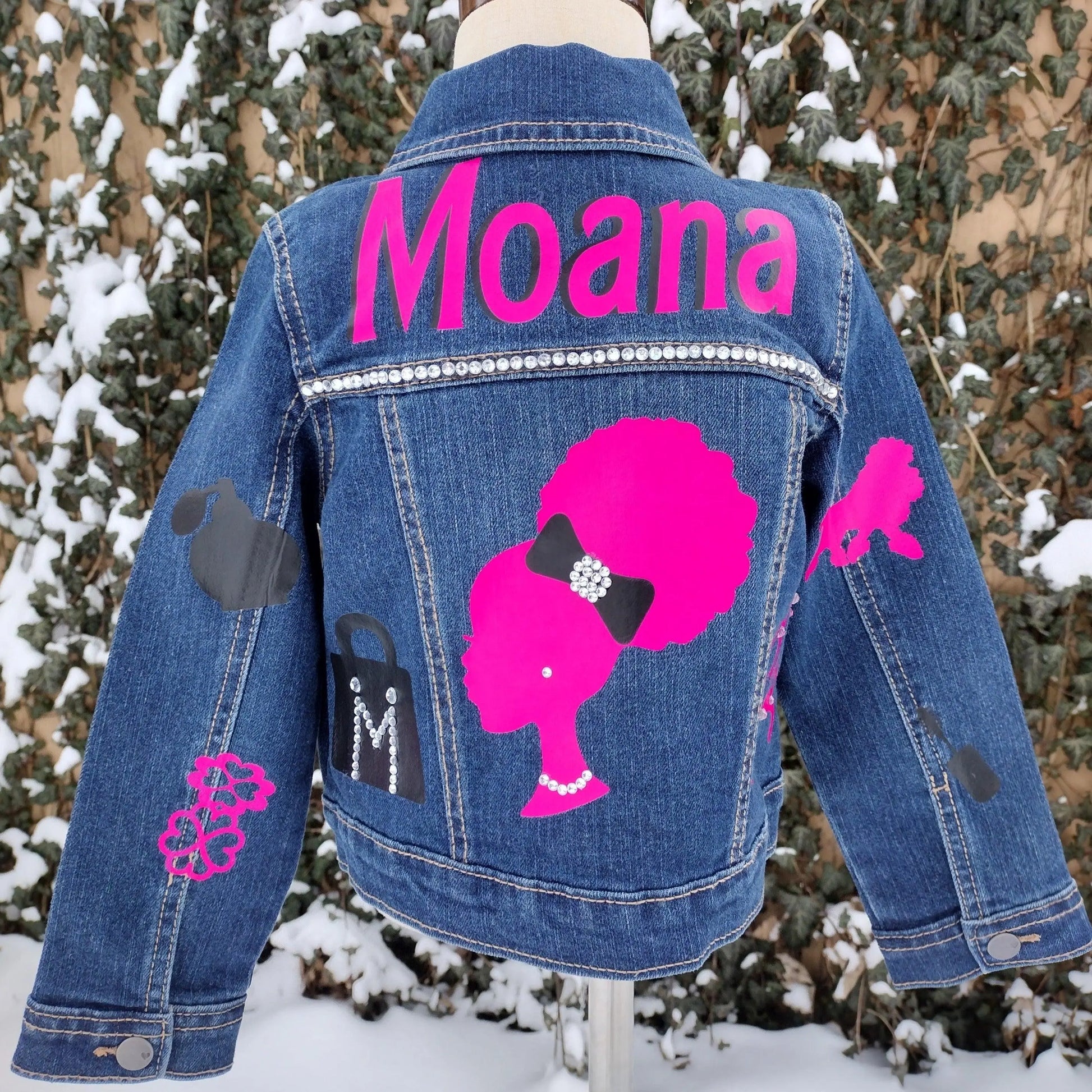 Natural Barbie Themed Denim Jacket, Custom Demin, Pink and Black Jean Jacket - KolorfulKidzCustoms