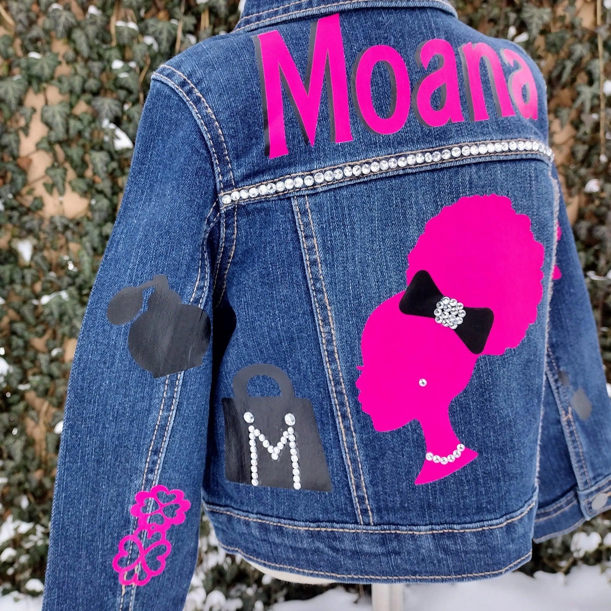 Natural Barbie Themed Denim Jacket, Custom Demin, Pink and Black Jean Jacket - KolorfulKidzCustoms