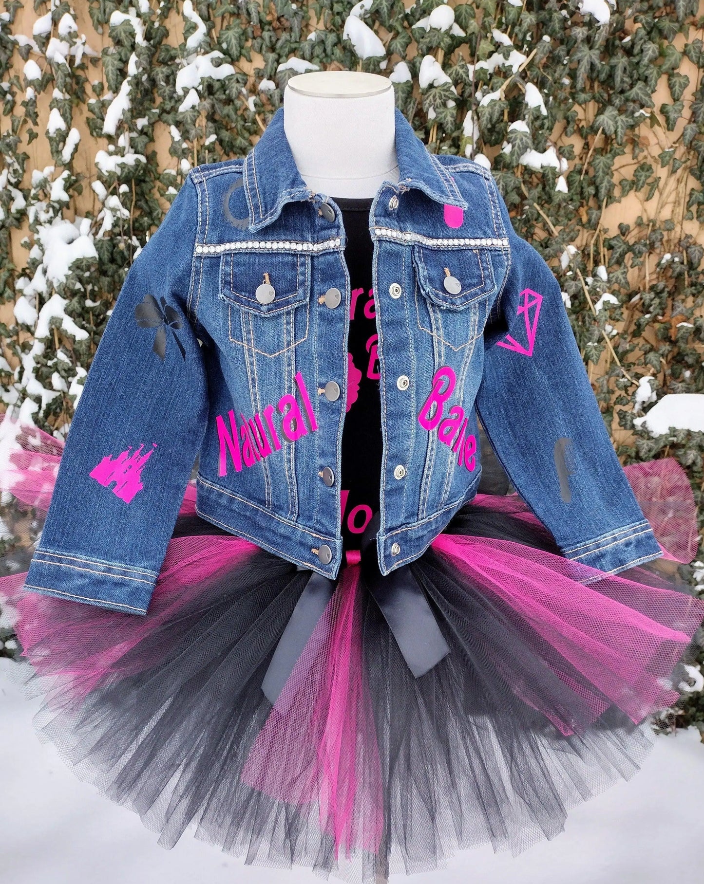 Natural Barbie Themed Denim Jacket, Custom Demin, Pink and Black Jean Jacket - KolorfulKidzCustoms