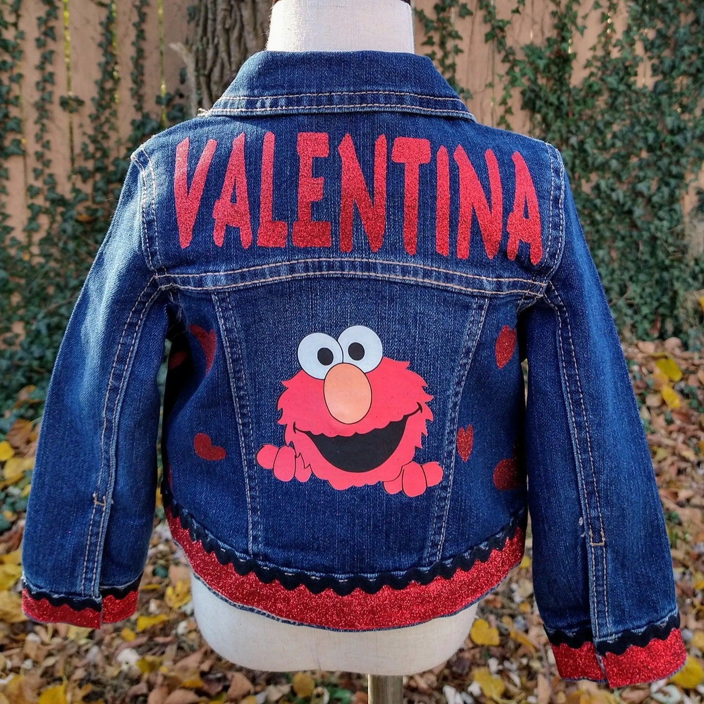 Elmo Denim Jacket, Custom Demin, Red and Black Jean Jacket - KolorfulKidzCustoms