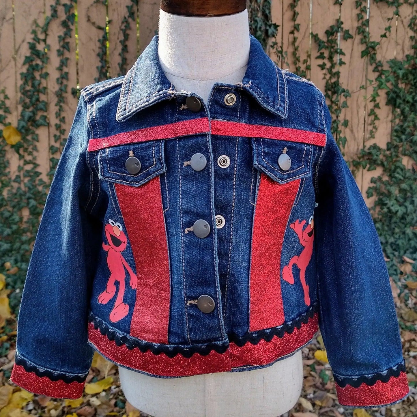 Elmo Denim Jacket, Custom Demin, Red and Black Jean Jacket - KolorfulKidzCustoms