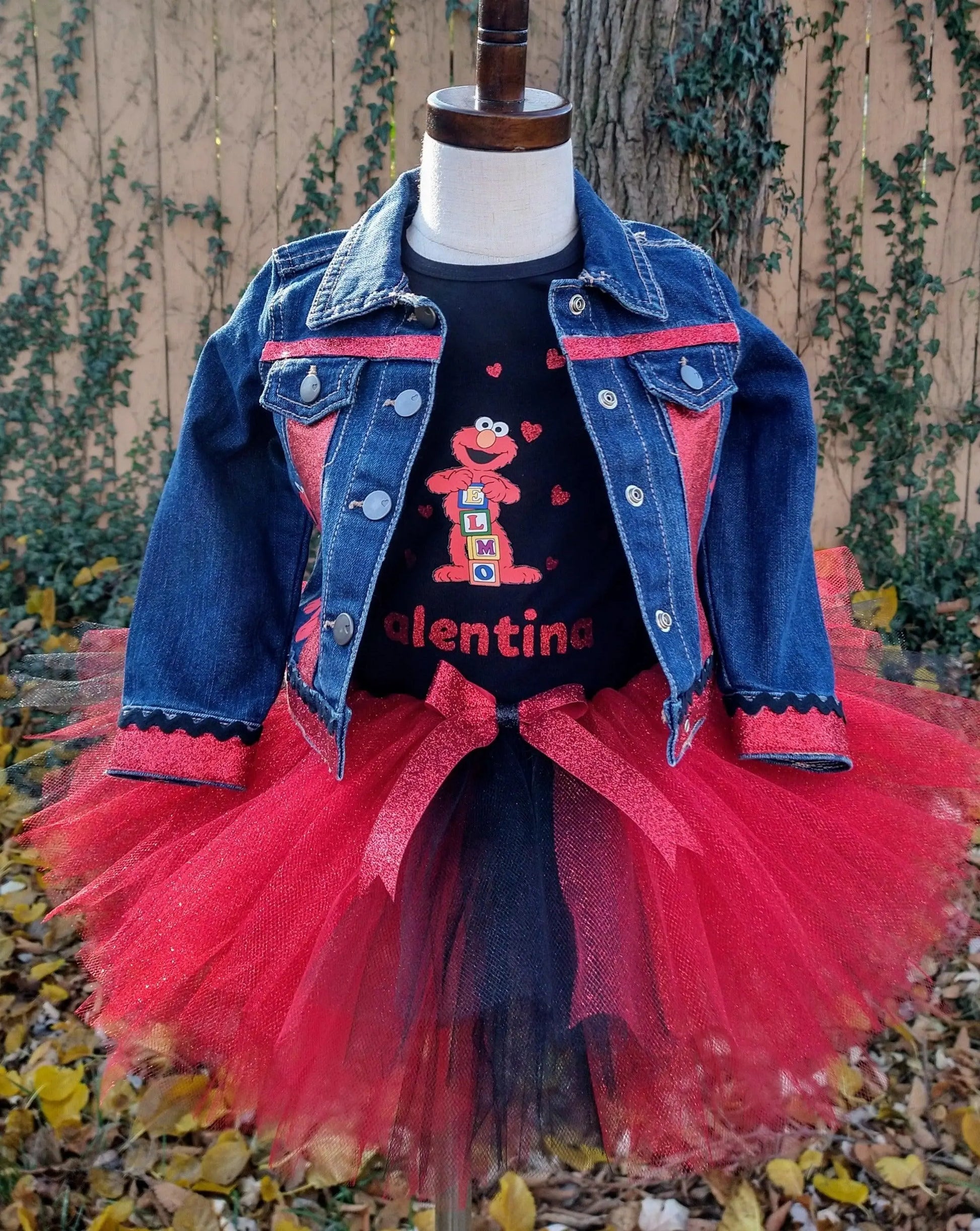 Elmo Denim Jacket, Custom Demin, Red and Black Jean Jacket - KolorfulKidzCustoms